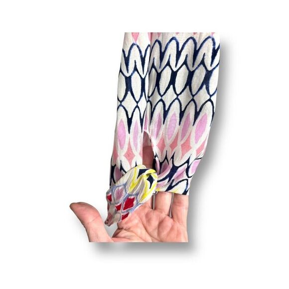 Talbots PL Blue White Pink Geometric Blouse Tie Sleeve Retro Mod Summer Top - Picture 6 of 8